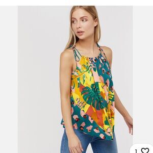 MONSOON VERADERO MIX PRINT CAMI TOP TROPICAL YELLOW PALM LEOPARD NWT Size M